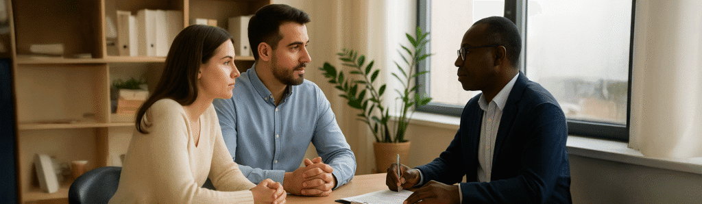 A couple meeting with an African American mediator in a calm office setting during a prenuptial agreement mediation session.